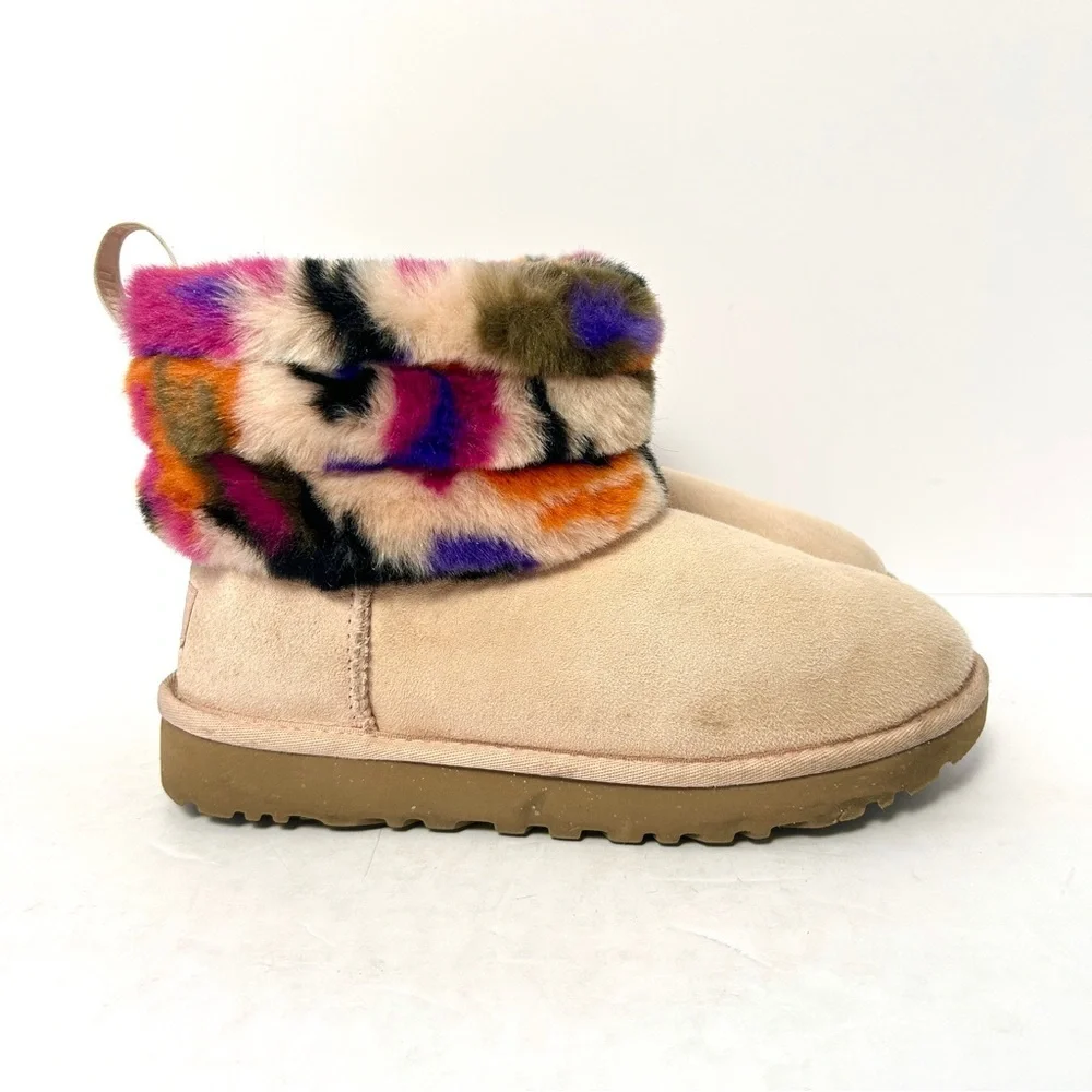 UGG Fluff Mini Quilted Motlee Boots Shoe Suede Sheepskin Pink Size EU 38 US 7